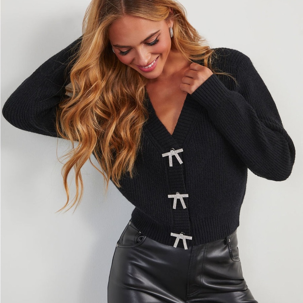 Petite Treasure Embellished Bow Button Front Cardigan